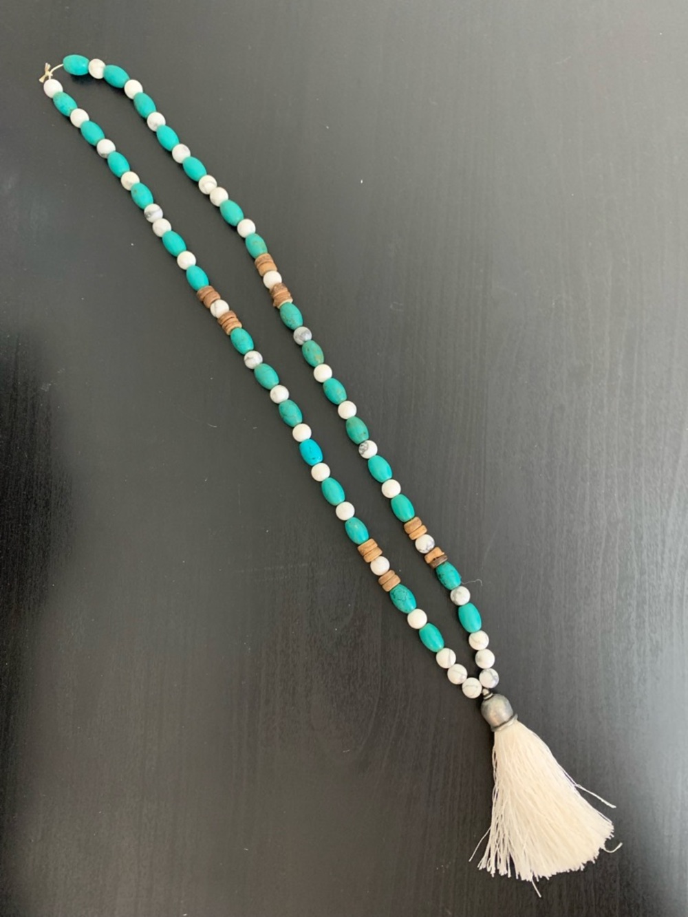 Turquoise & Cream Beaded Tassel Necklace - Womeng Jewelry